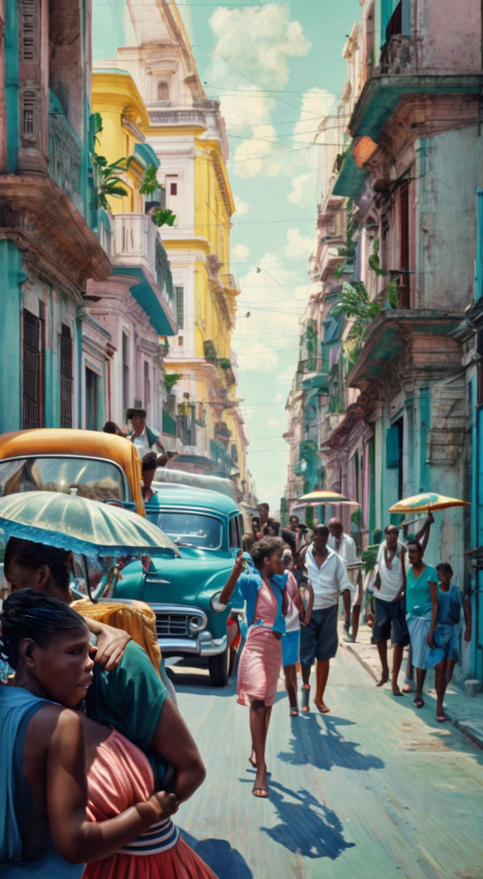 Vibrant street scene with colorful buildings and vintage cars