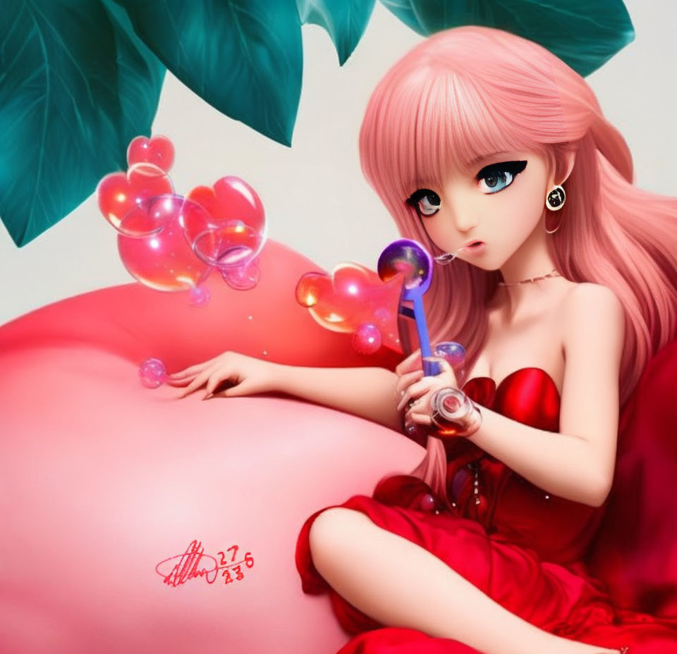 Pink-haired anime girl in red dress blowing heart-shaped bubbles on pink surface with green leaves background