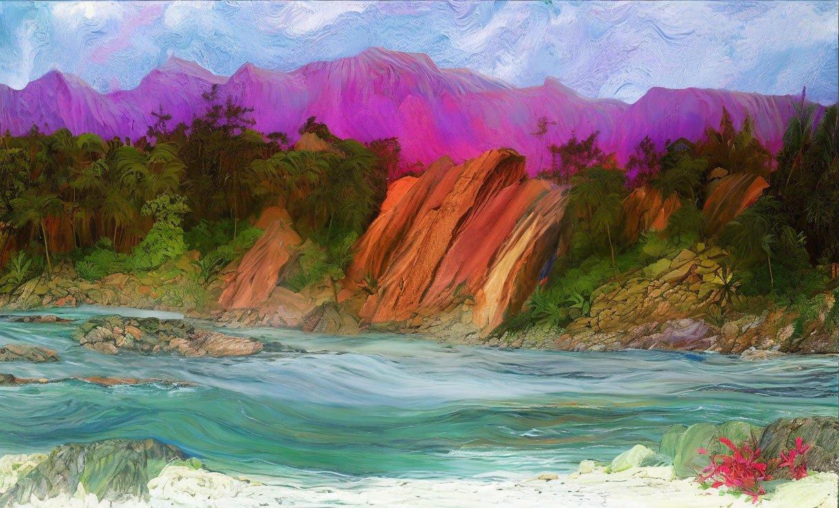 Colorful Landscape Painting: Rushing River, Waterfalls, Tropical Flora