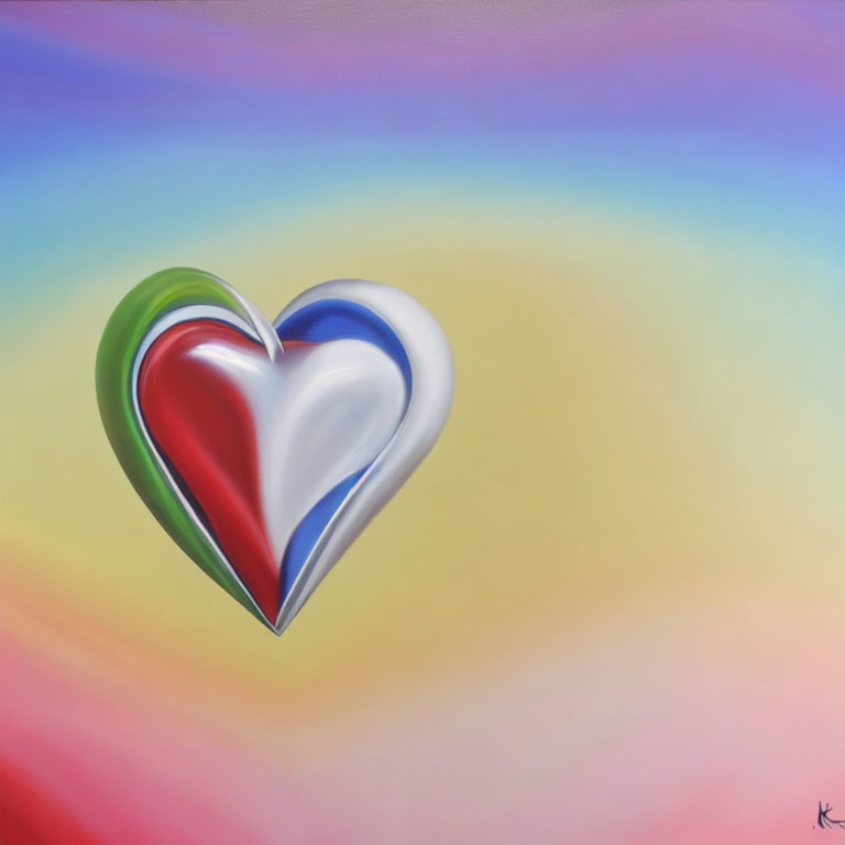 Colorful 3D heart on glossy surface with red, white, and blue hues