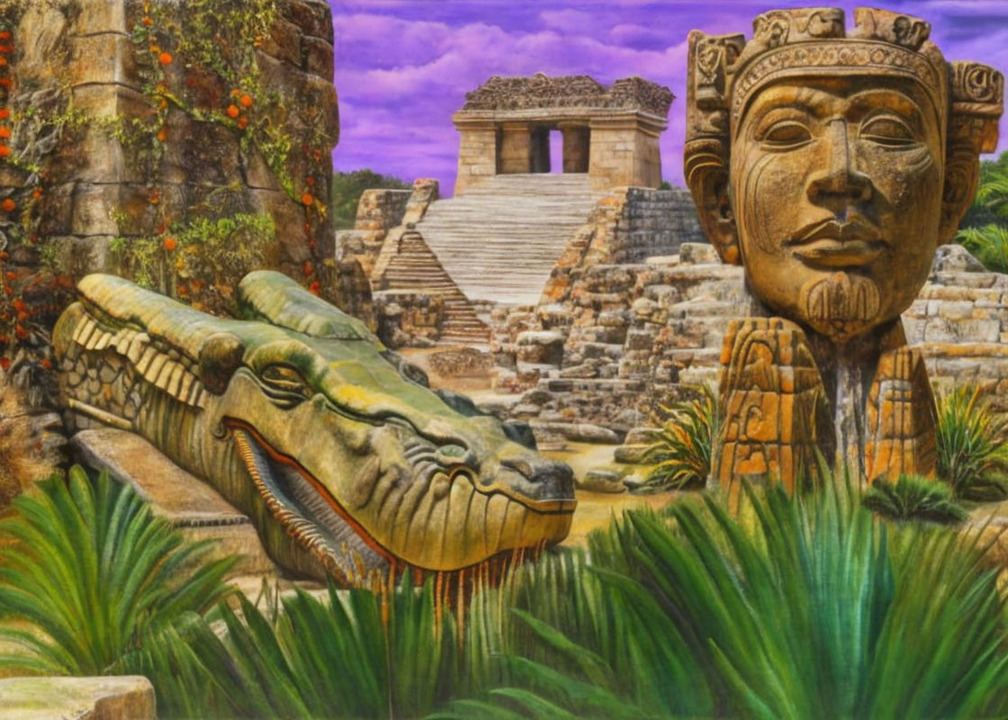 Colorful Mesoamerican painting with stone crocodile, temple, masks in jungle