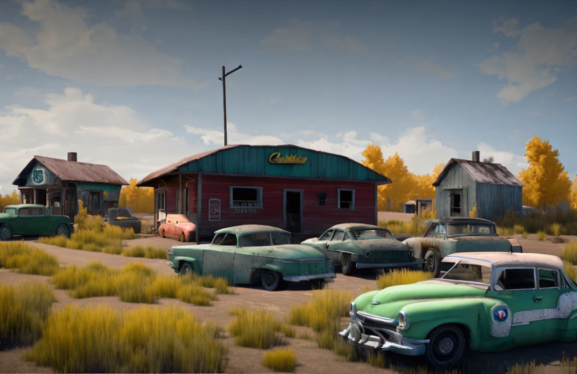 Rusty cars at abandoned gas station in tall grass field