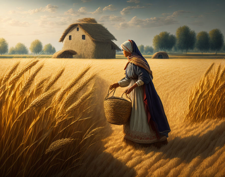 Traditional Attire Woman Walking in Wheat Field with Basket and Thatched-Roof Cottage