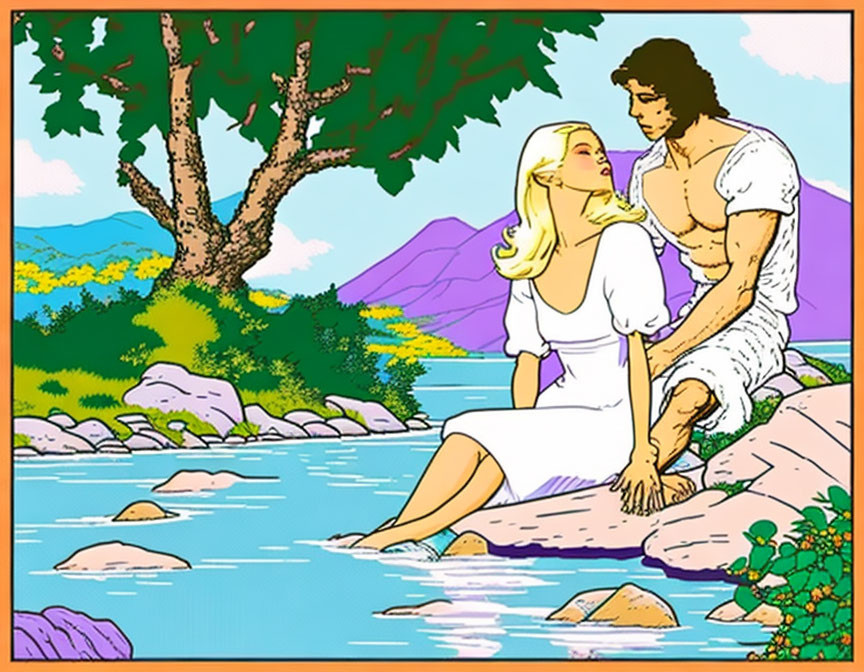 Illustrated man and woman by river with mountain backdrop