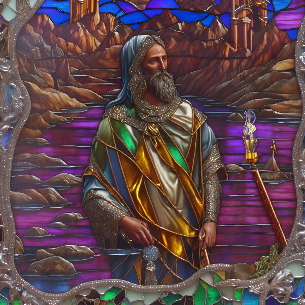 Stained glass depiction of bearded man in regal attire with staff amid mountains.