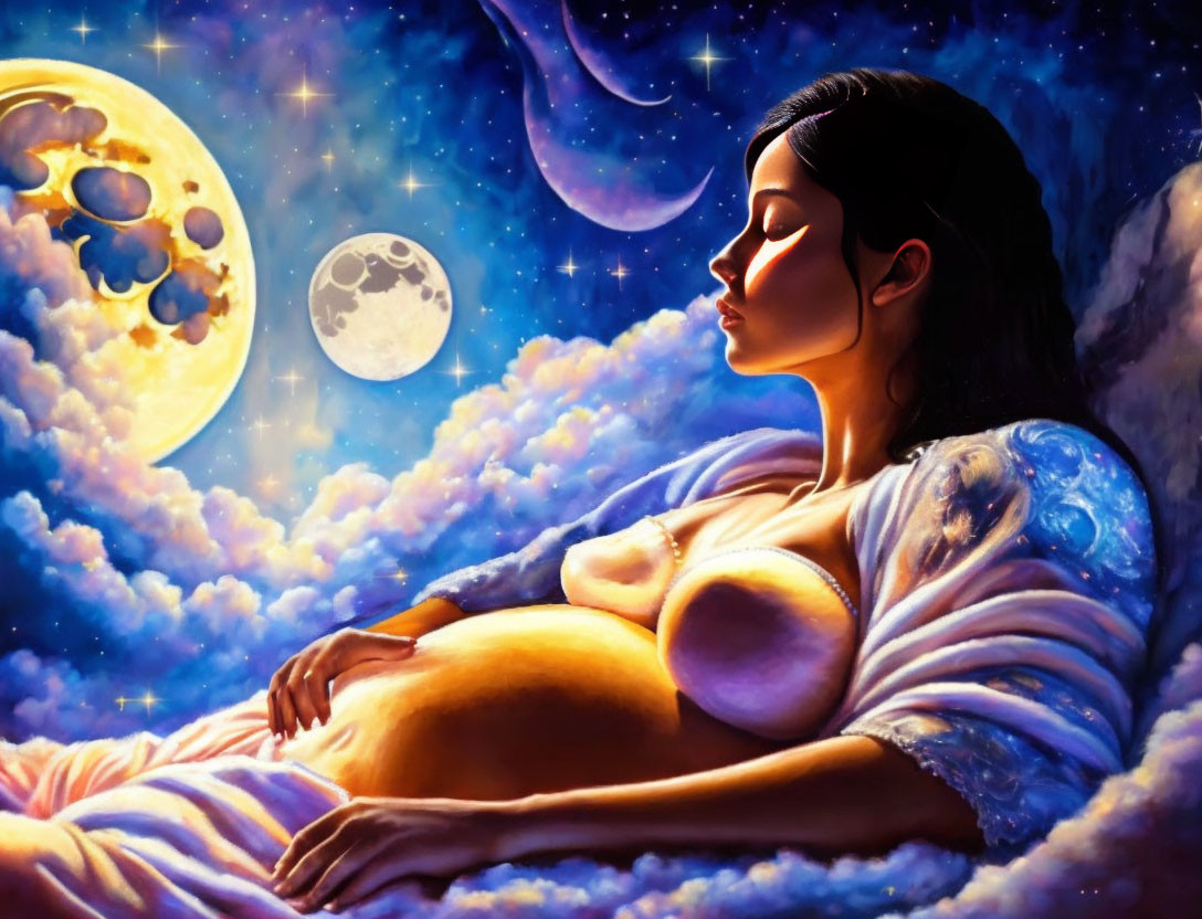 Woman resting among clouds under starry sky with moon imagery - serene celestial illustration