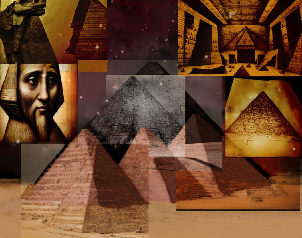 Ancient Egyptian imagery collage with Sphinx, pyramids, hieroglyphics, and pharaoh illustration