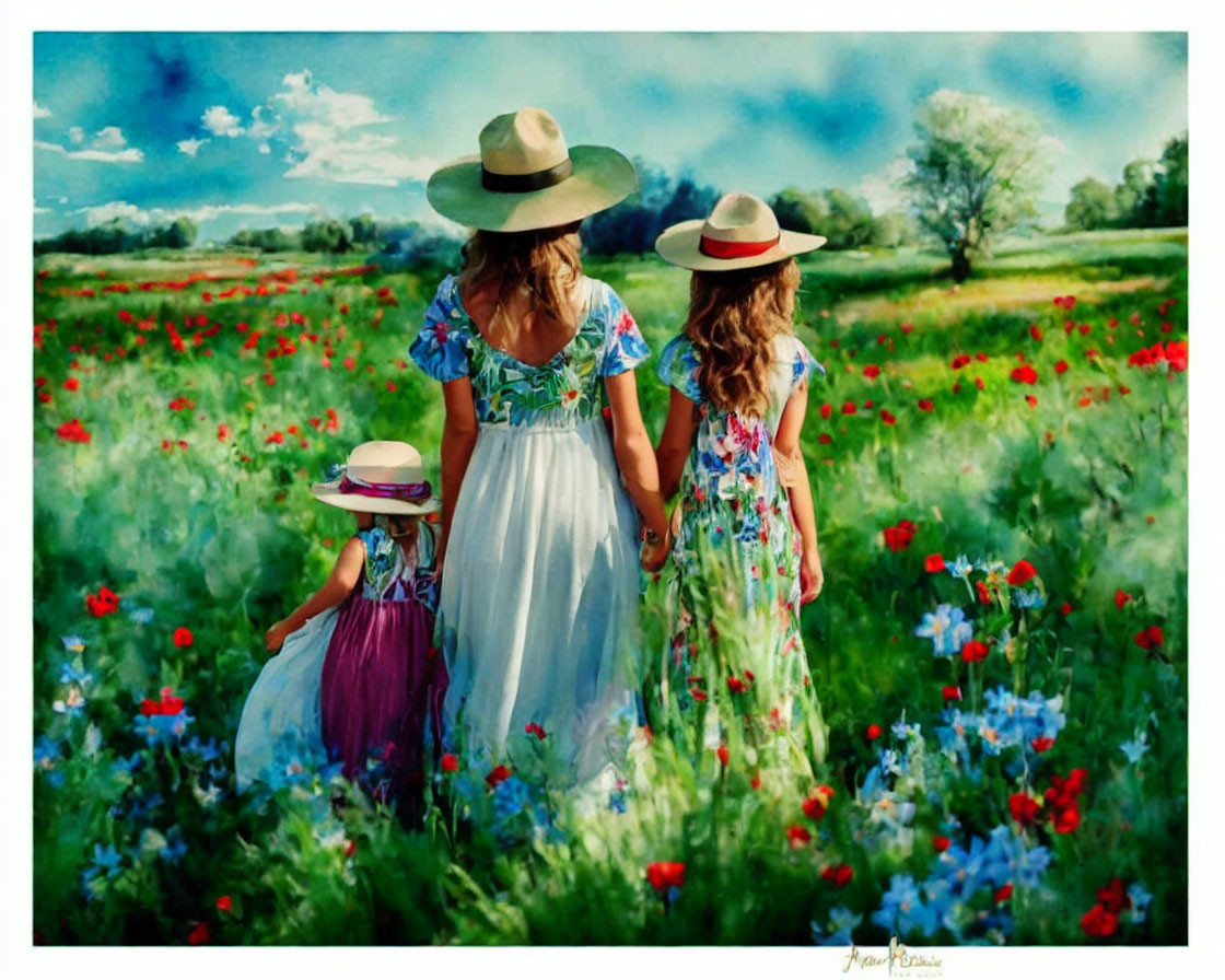 Three individuals in summer dresses and straw hats walking in a field of red poppies and blue wildflowers