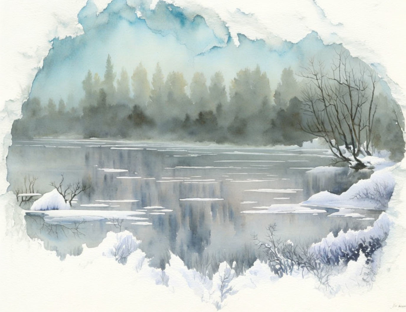 Snowy landscape watercolor painting with frozen river and leafless trees