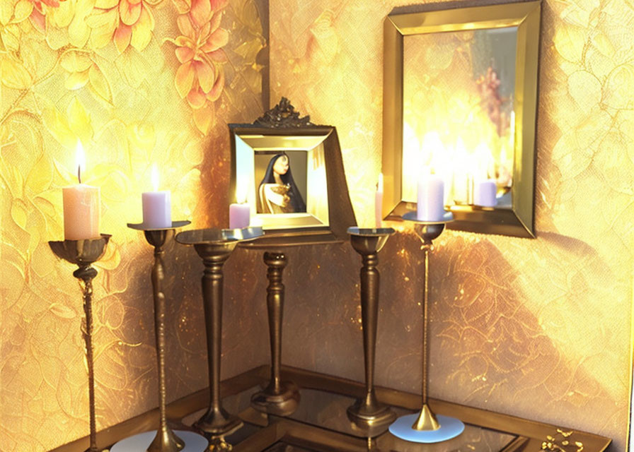 Luxurious Interior Decor with Golden Wallpaper and Lit Candles