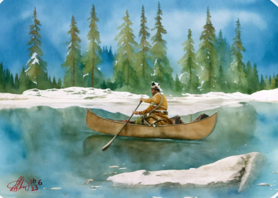 Person in warm clothing paddles canoe in icy waters with snow-covered banks and evergreen trees.