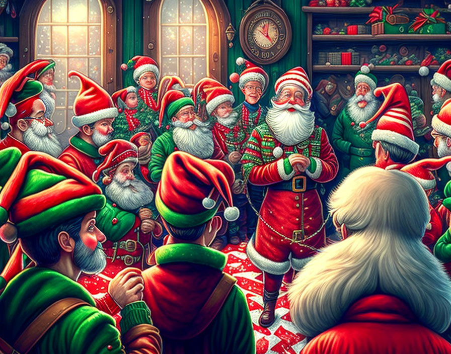 Elves gather with Santa in festive room full of Christmas decorations