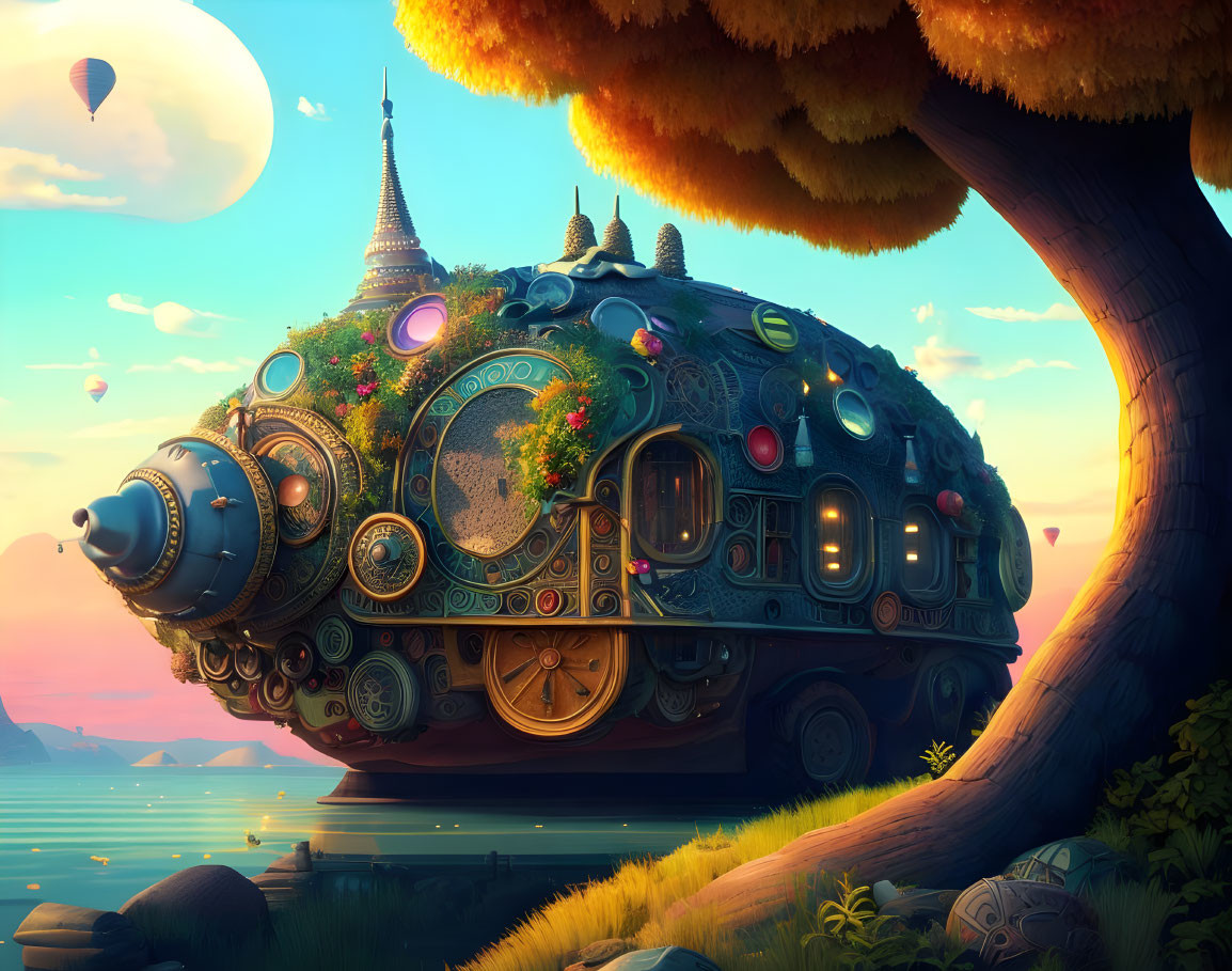 Ornate submarine-like airship in vibrant fantasy landscape