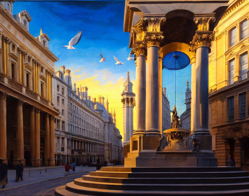 European square painting with classical buildings, statue, birds, and people.