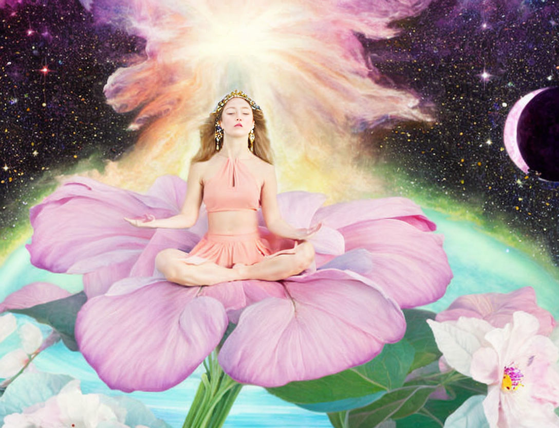 Woman meditating on pink lotus with cosmic background