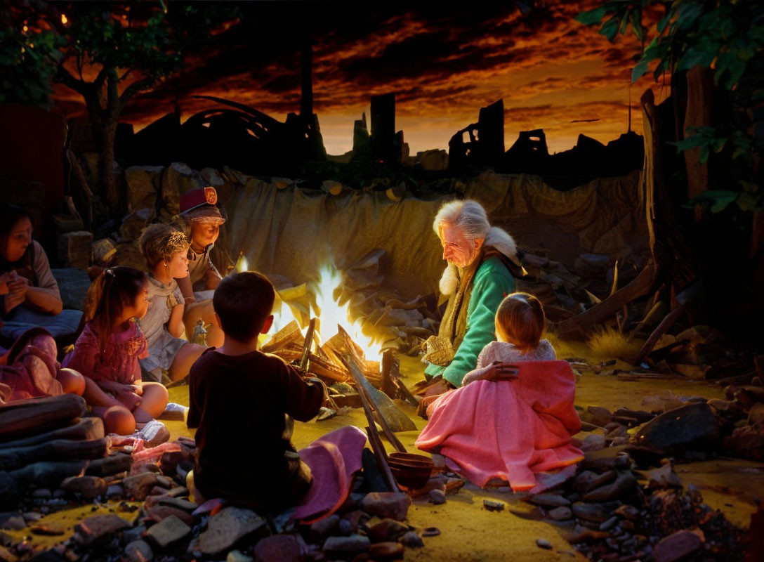 Elderly Person, Firefighter, and Children Gathered Around Campfire at Dusk