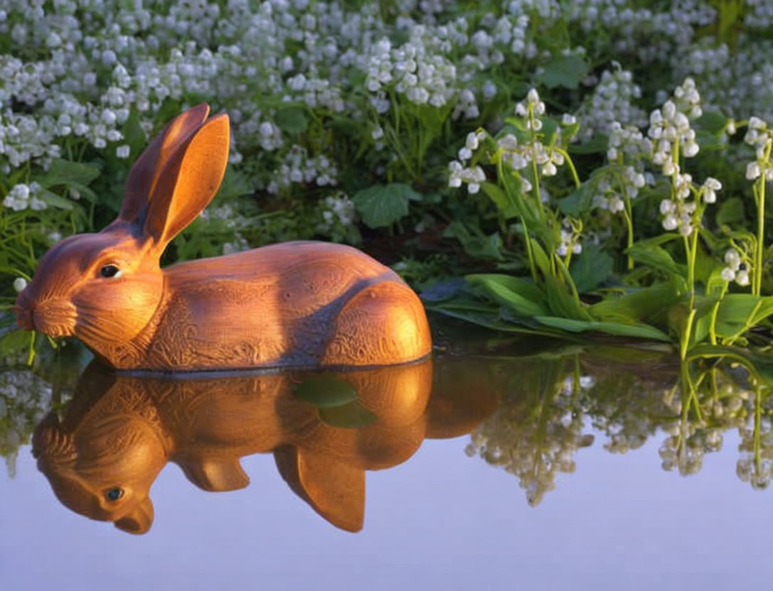 Wooden Rabbit Figurine Next to White Flowers Reflecting on Calm Water