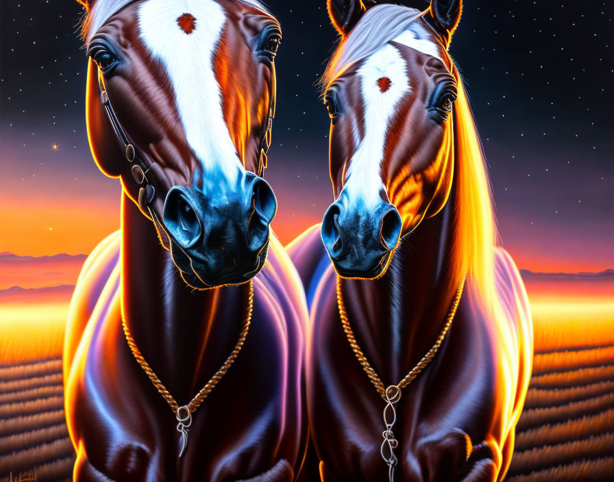 Vibrantly colored illustrated horses under starry skies and sunset backdrop