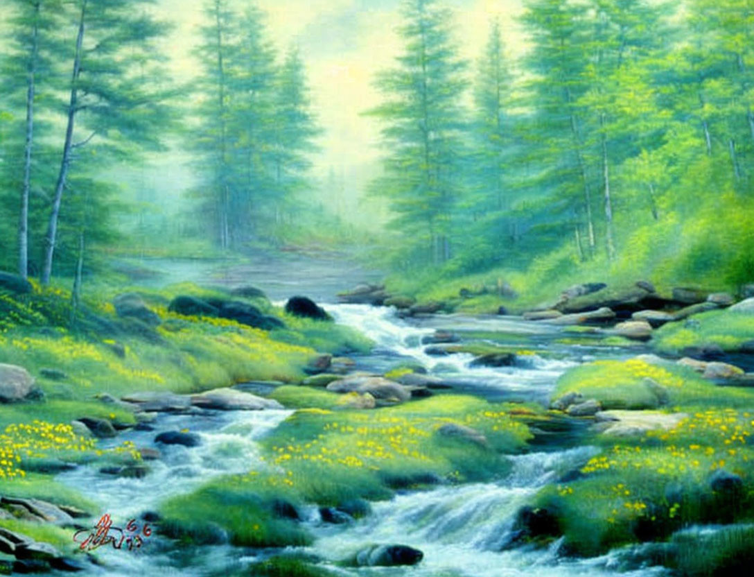 Tranquil forest stream painting with misty ambiance