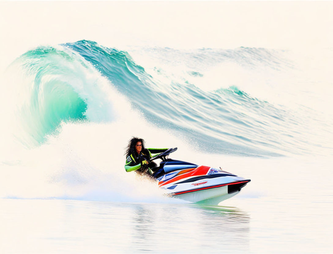 Person riding jet ski creates spray on ocean with large curling wave