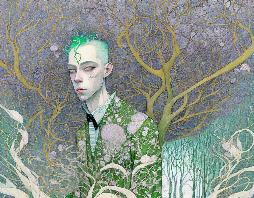 Androgynous person in green botanical outfit against mystical tree backdrop