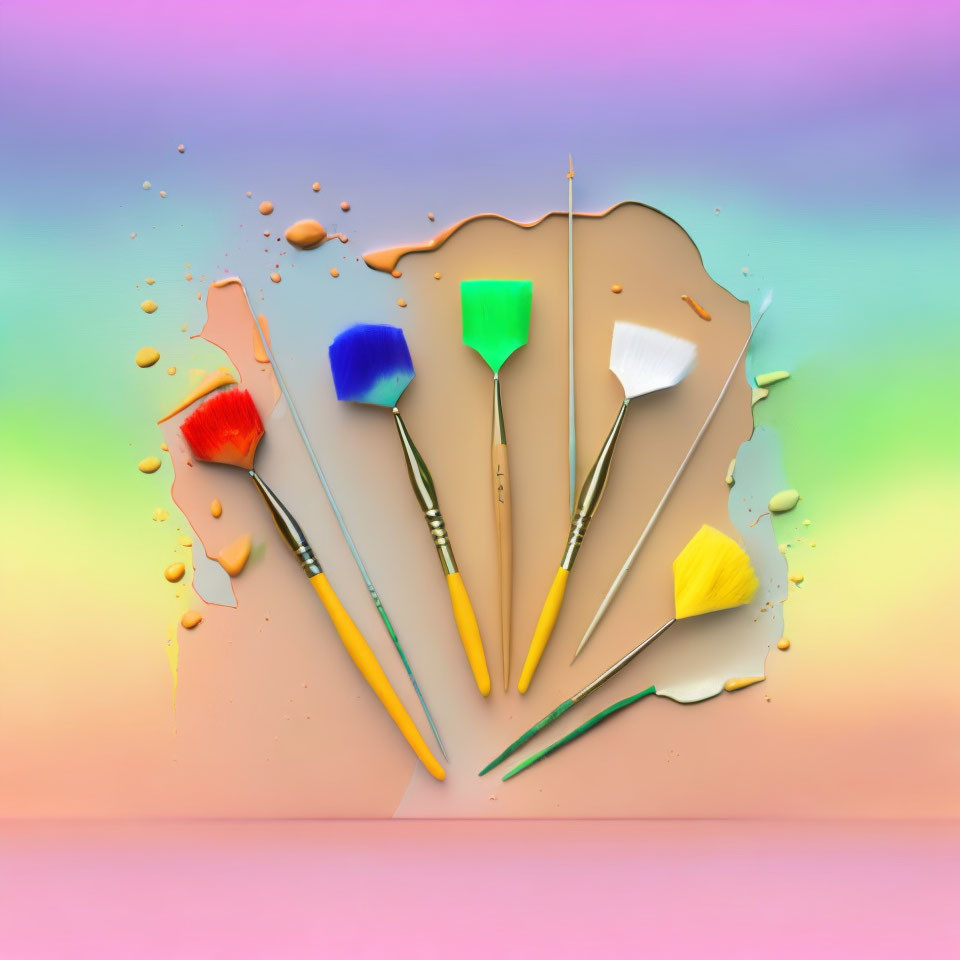 Colorful Paintbrushes on Palette Shape Against Pastel Background