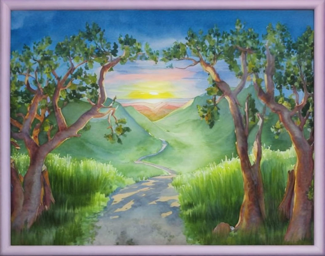 Sunset over lush valley with winding path in watercolor.