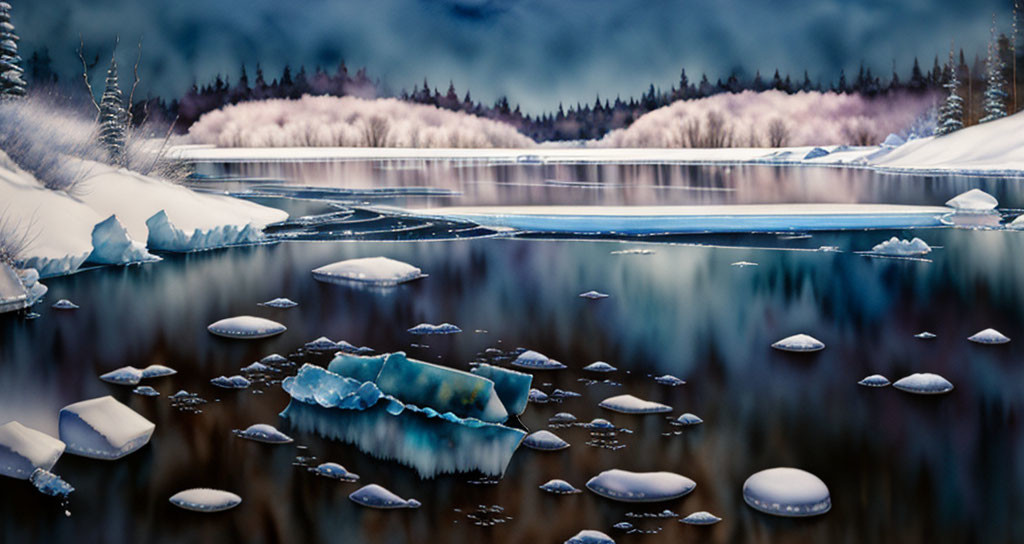 Frozen Lake Winter Landscape with Snowy Banks and Bare Trees