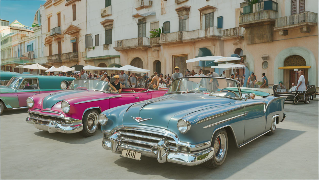 Classic Cars Parked in Old Town Square with Pedestrians and Cyclist, Clear Sky