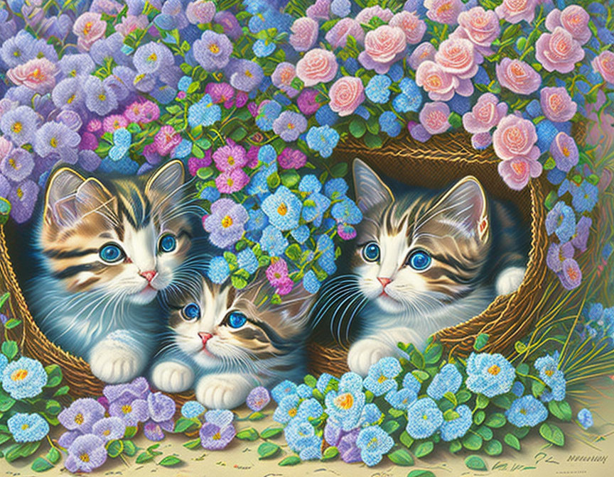 Three Kittens in Basket Surrounded by Colorful Flowers