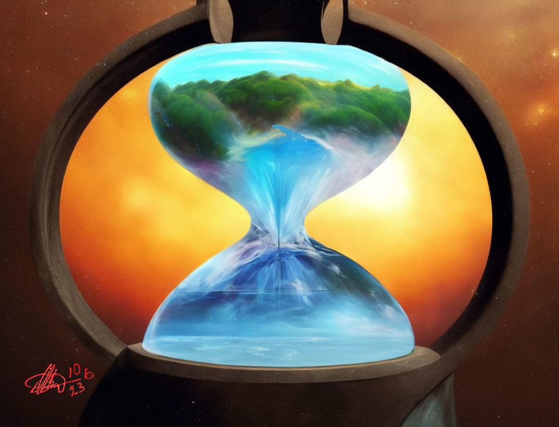 Cosmic hourglass with forest and water under starry sky