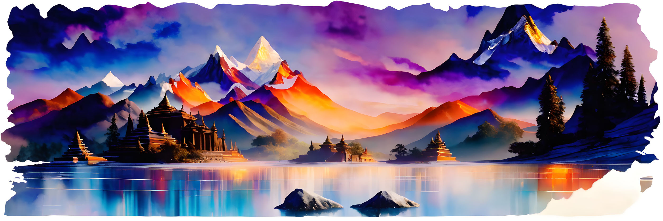 Vibrant landscape with mountains, pagodas, pine trees, and serene lake