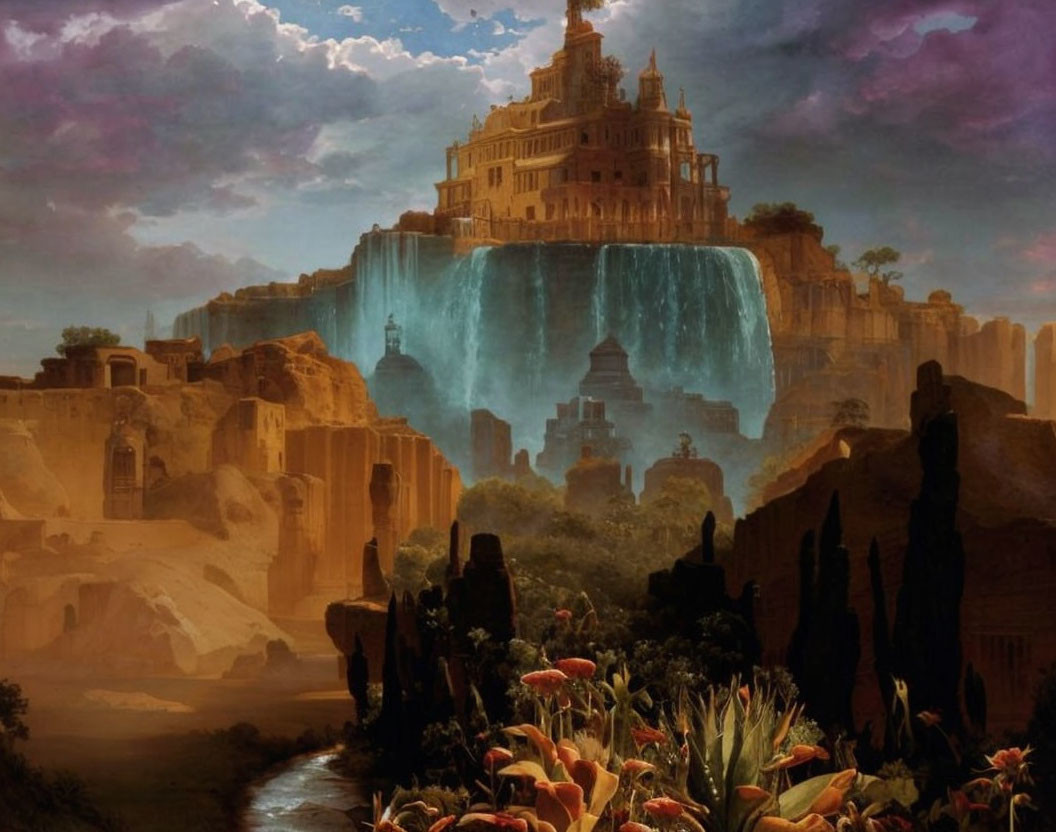 Grand city on waterfall surrounded by cliffs and ruins in dramatic landscape