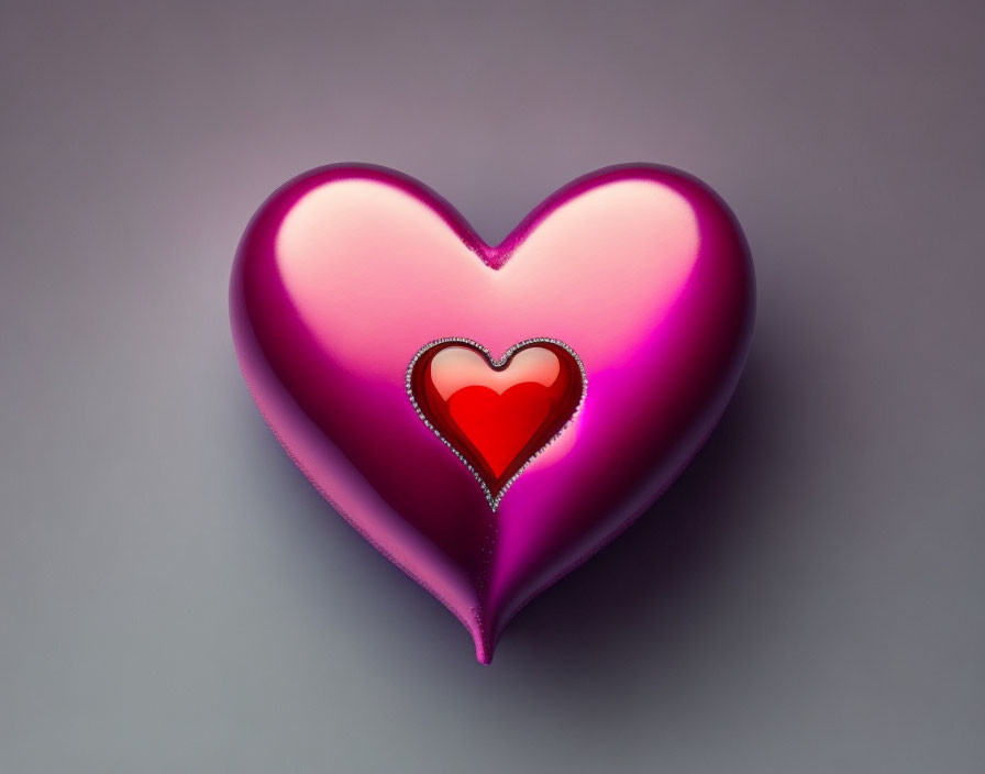 Nested heart design with pink to purple gradient and red heart on grey background