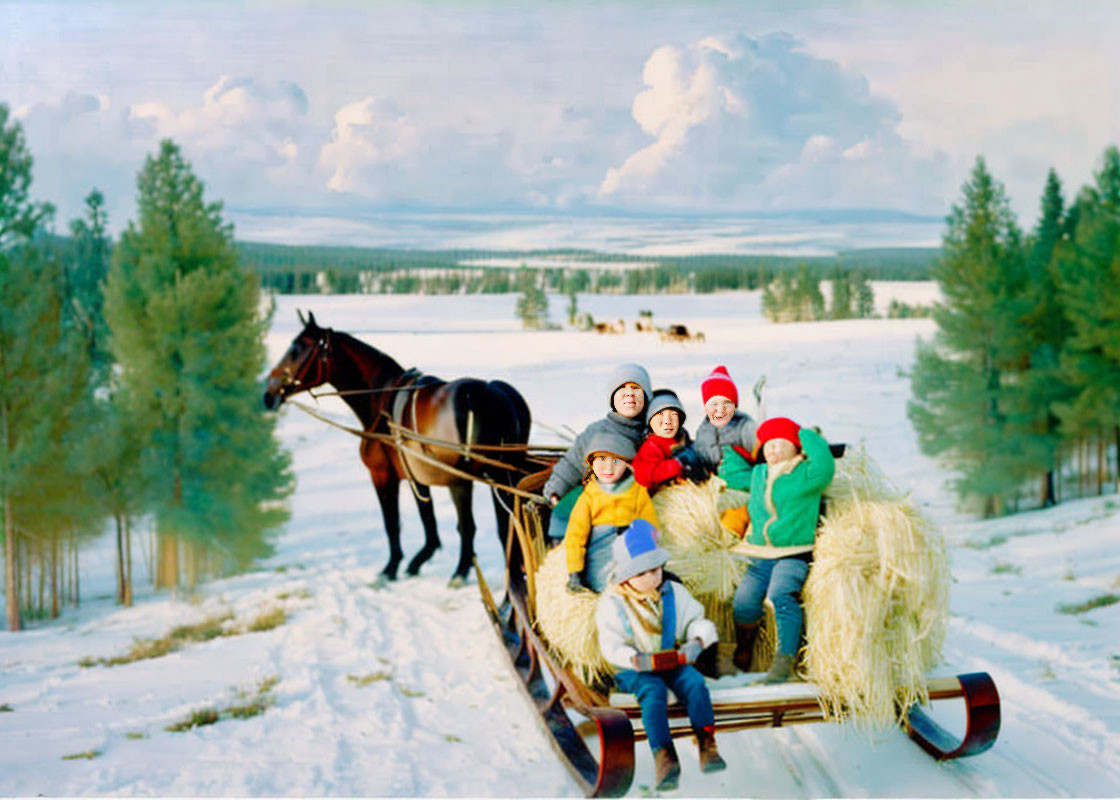 Group of people in winter clothes on horse-drawn sleigh ride in snowy landscape