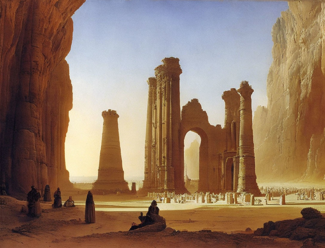 Desert landscape painting with towering rock formations and figures in robes.