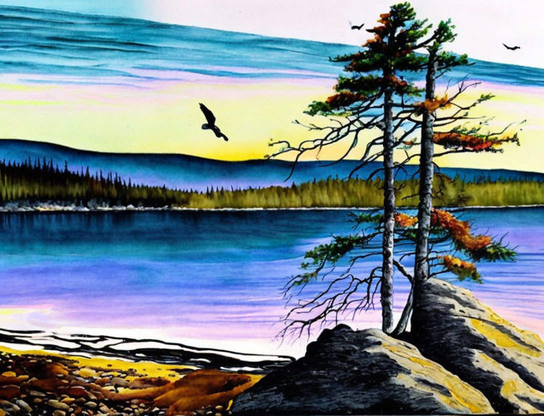 Serene lake landscape with lone tree, eagles, and colorful skies