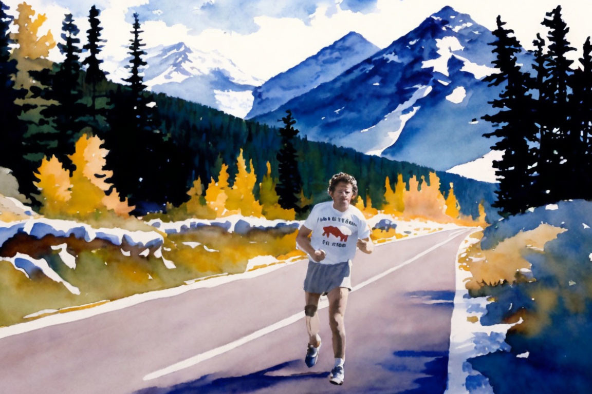 Person jogging on road among autumn mountains.