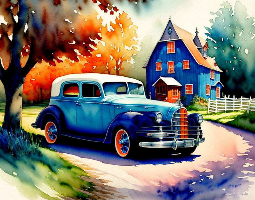 Vintage Blue Car by Wooden Fence Near Blue Barn with Autumn Trees in Watercolor