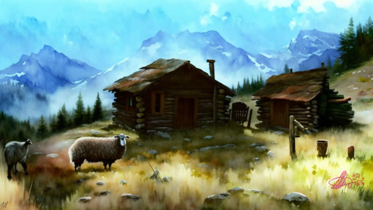 Tranquil mountain landscape with log cabins and grazing sheep