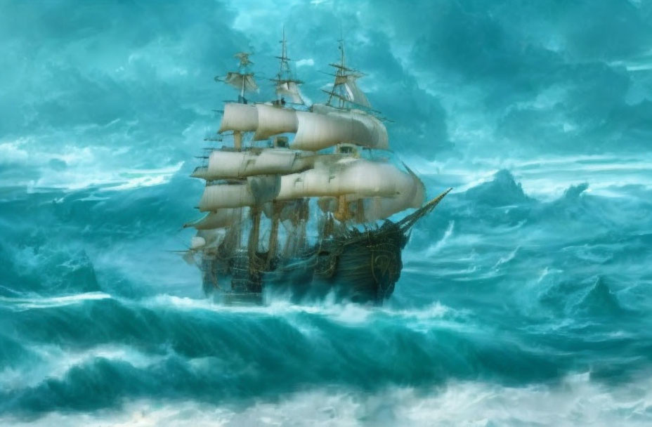 Tall Ship Sailing in Turbulent Turquoise Sea