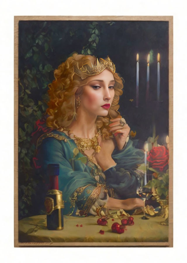 Blond woman in medieval attire with golden crown, surrounded by candles, roses, and cherries