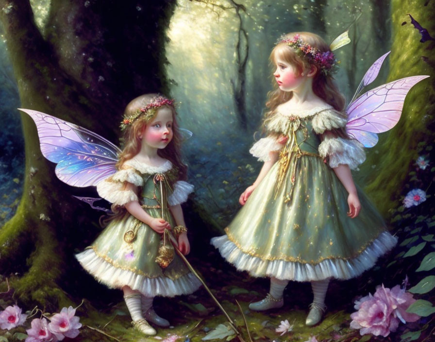 Two young girls as fairies in a whimsical forest with magical staffs