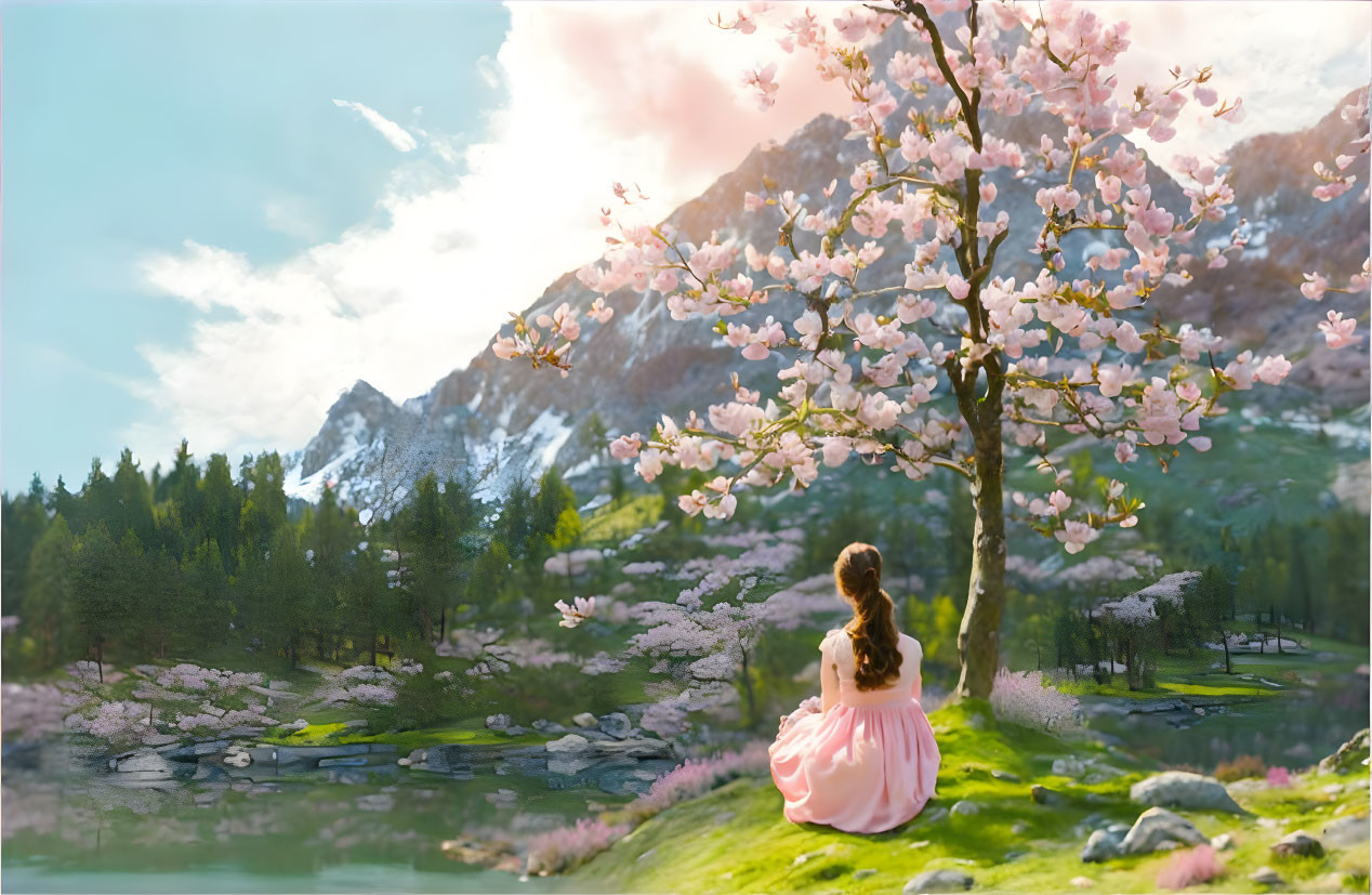 Woman in Pink Dress Sitting Under Cherry Blossom Tree with Mountain Landscape