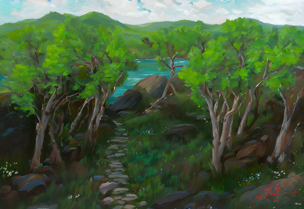 Lush Green Forest Painting with Stone Path and Serene Lake