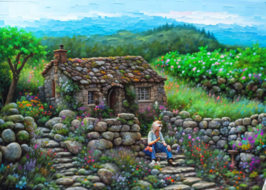 Child sitting by stone cottage in garden with mountain view