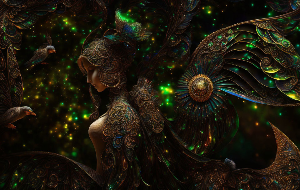 Woman with peacock feather wings in mystical setting