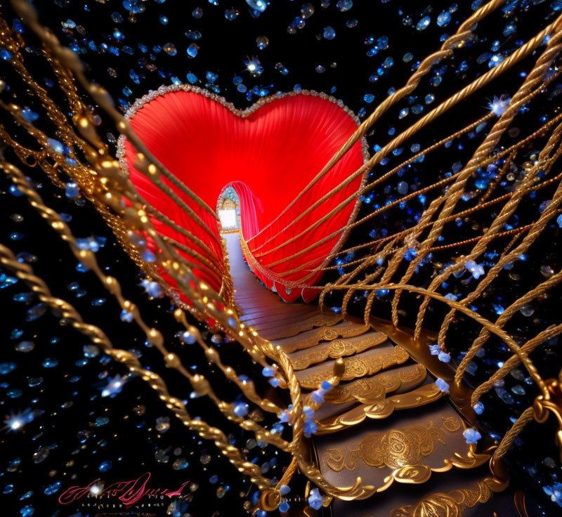 Surreal heart-shaped gateway on golden spiral staircase in starry setting