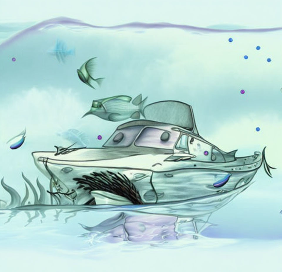 Sunken boat in underwater scene with fish, bubbles, and plants