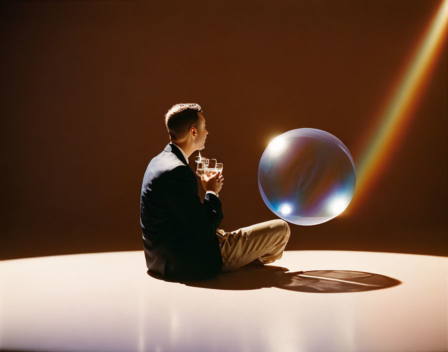 Man in suit blowing iridescent bubble under rainbow light